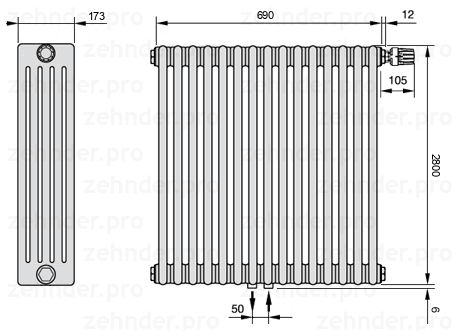 Схема (чертеж) Радиатор Zehnder Charleston 5280/15 №V008 Белый глянцевый RAL 9016